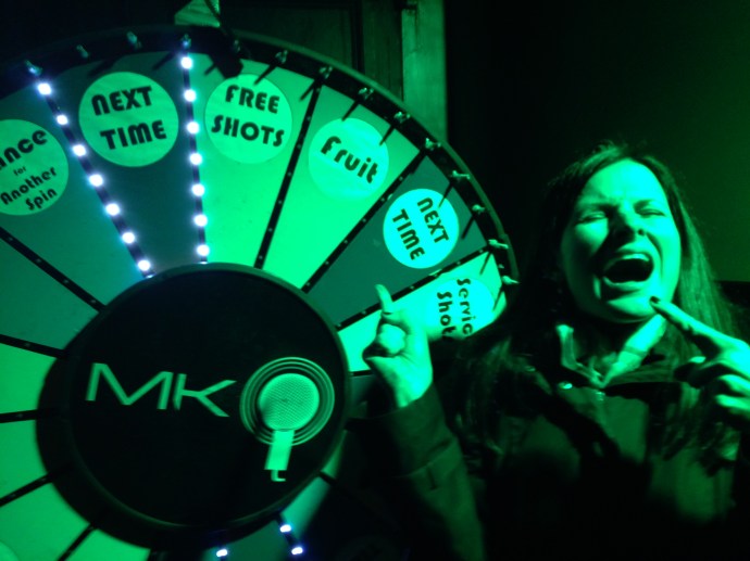 Free shots and Karaoke: someone's happy to be home!